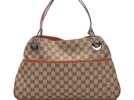 Gucci Brown Beige Canvas Fabric GG Eclipse Tote Bag Italy Discount