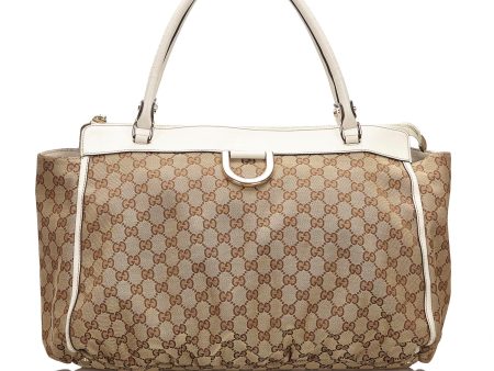 Gucci Brown Beige Canvas Fabric GG Abbey-D Ring Tote Bag Italy Hot on Sale