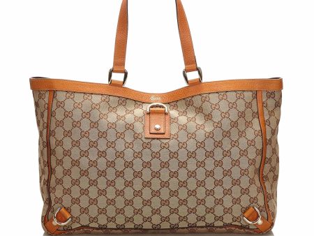 Gucci Brown Beige Canvas Fabric GG Abbey D Ring Tote Bag Italy Supply