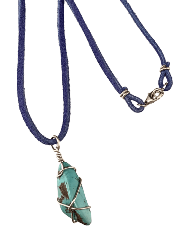 16  Turquoise Wrapped Nugget on Blue Suede Necklace on Sale