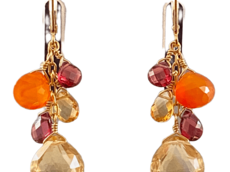 Citrine Garnet Carnelian Yellow Gold Waterfall Gemstone Earrings Discount