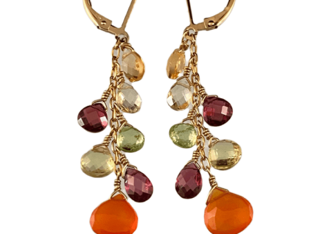 Carnelian Peridot Garnet Citrine Yellow Gold Waterfall Gemstone Earrings Fashion