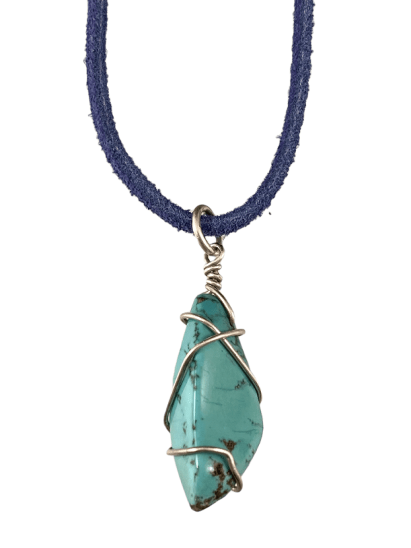 16  Turquoise Wrapped Nugget on Blue Suede Necklace on Sale