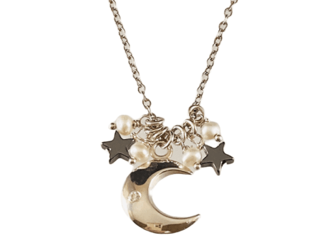 16  Crescent Moon Star & White Pearl Gemstone Charm Necklace on Sale