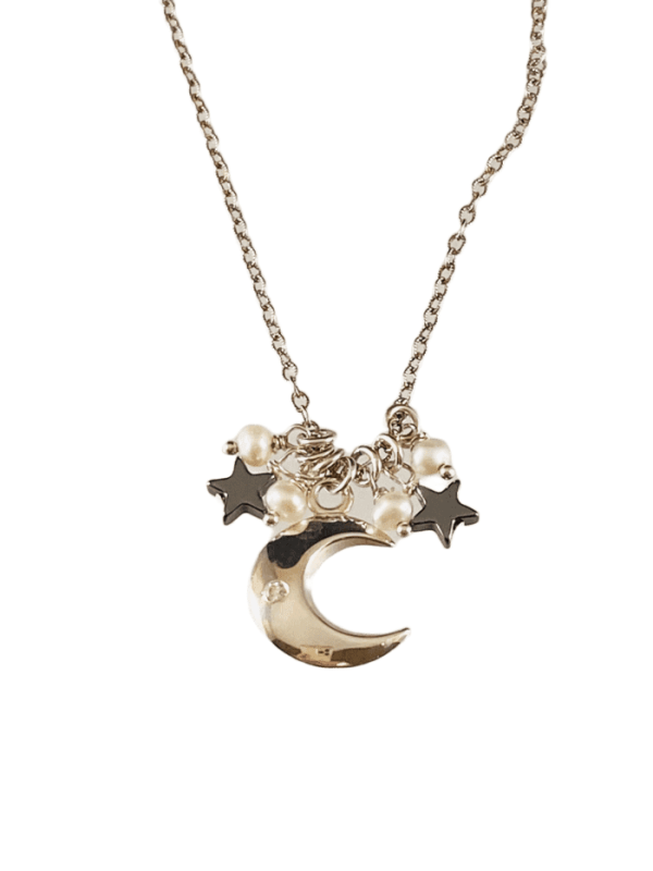 16  Crescent Moon Star & White Pearl Gemstone Charm Necklace on Sale