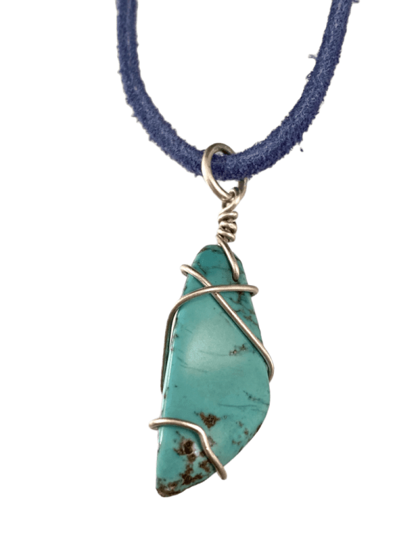 16  Turquoise Wrapped Nugget on Blue Suede Necklace on Sale